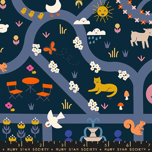 Ruby Star Society WOODLAND PARK: Garden Map-Teal Navy (1/4 Yard)