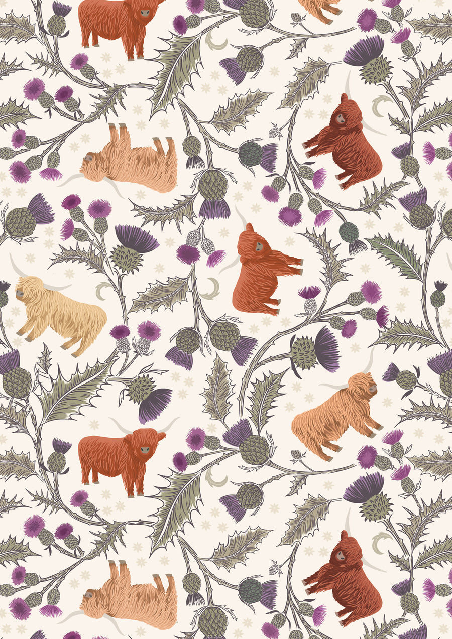 HIGHLANDS: Highland Cow and Thistle-Light Cream (1/4 Yard)