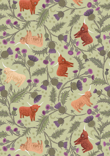 HIGHLANDS: Highland Cow and Thistle-Soft Apple (1/4 Yard)