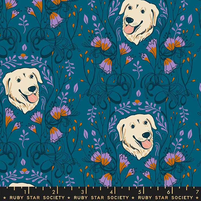 Ruby Star Society DOG PARK: Golden Garden-Teal (1/4 Yard)