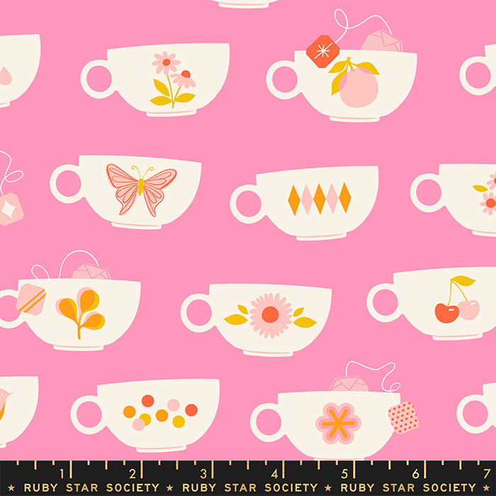 Ruby Star Society CAMELLIA: Tea Cups Flamingo (1/4 Yard)