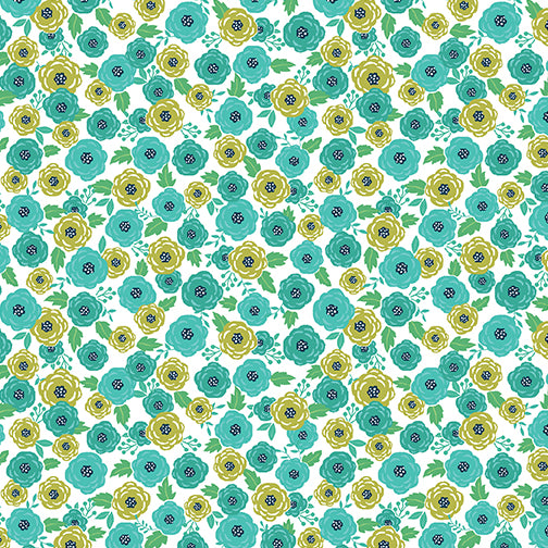 Sew Bloom by Cherry Guidry: Rosey Posey Teal/White (1/4 Yard)