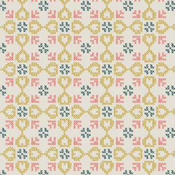 FOLK FLORAL: Cross stitch hearts on cream (1/4 Yard)