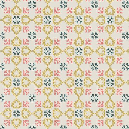 FOLK FLORAL: Cross stitch hearts on cream (1/4 Yard)