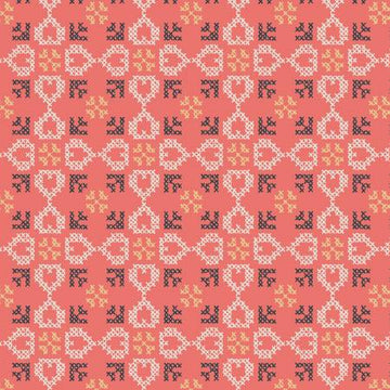 FOLK FLORAL: Cross stitch hearts on coral (1/4 Yard)