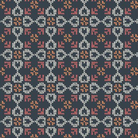 FOLK FLORAL: Cross stitch hearts on navy blue (1/4 Yard)